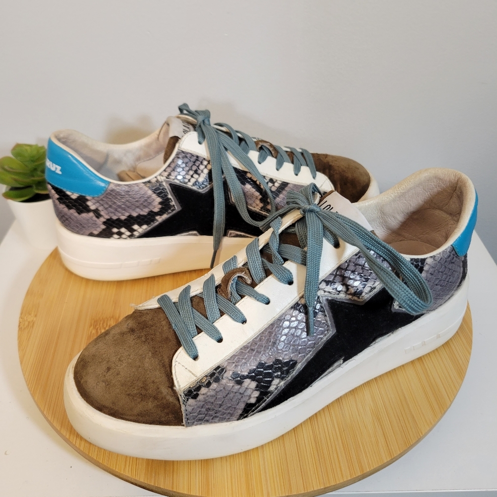 LOLA CRUZ leather brown suede snake print lace up casual fashion sneakers